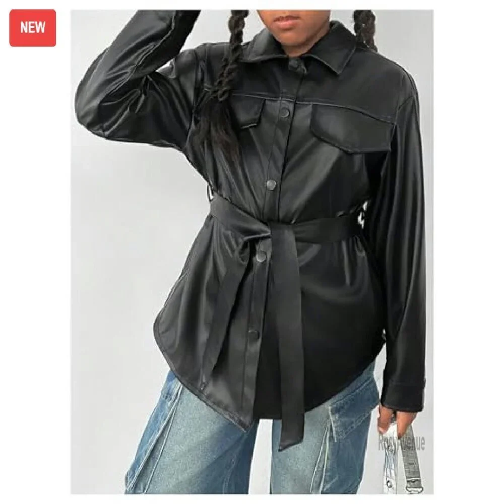Girls Motorcycle Faux Leather Jacket Tie Belted Button Up Fall Coat